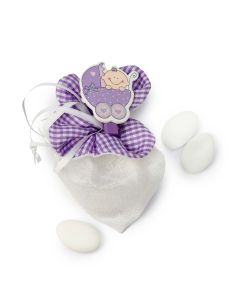 Saquito pinza carrito lila 7x4x10 cm. con 3 peladillas choc*