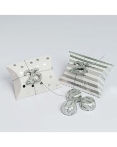 Astuccio 9cm strisce / pois argento 3 cioccolatini 25 ° anniversario di matrimonio.