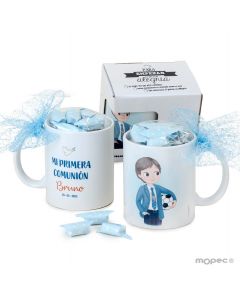 Taza niño Comunión con pelota,7caramelos en caja regalo