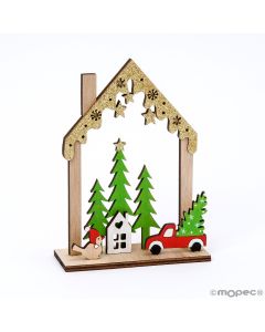 Casa de madera navideña con purpurina 11,5x15,5cm.