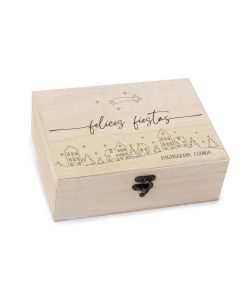 Cofre madera Felices Fiestas casitas personalizado 23x17cm