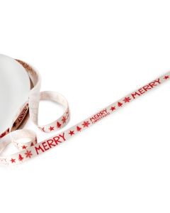 Cinta algodón marfil print rojo Merry Christmas 10mm 50mts