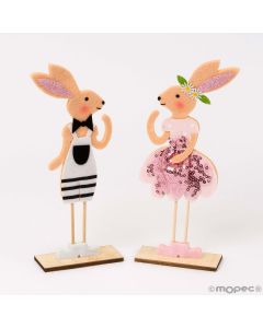 Conigli in legno, feltro e paillettes 21cm.