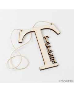 Colgante de madera letra T con nombre 12,5x12,5cm aprox.