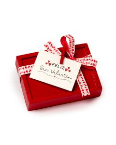 Red wooden box San Valentín card  3 cora-choc