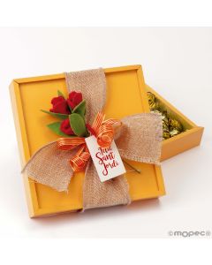 Caja madera amarilla Sant Jordi con rosa y 30 crokichoc