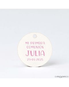 Tarjeta redonda comunión en rosa, 3cm. (preciox54u.) min.54