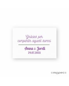 Tarjeta Gràcies per...en lila y verde 5x3,5cm.1hj=36u.min5