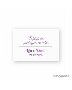 Tarjeta precortada Merci de por compartir....texto lila y verde 5x3,5cm.