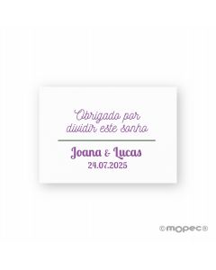 Tarjeta precortada Obrigado por compartir....texto lila y verde 5x3,5cm.