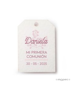Tarjeta Comunión flores rosas rectang. esquinas 2,7X4cm 